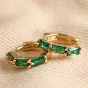 Earrings | Green Baguette Crystal Huggie Hoop Earrings in Gold – Womens Earrings Earrings