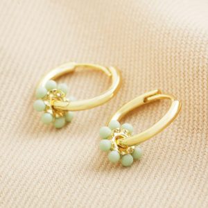 Earrings | Green Beaded Flower Charm Huggie Hoops in Gold – Womens Earrings Earrings