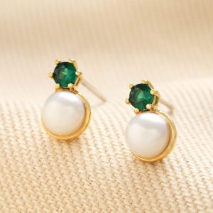 Earrings | Green Crystal and Pearl Stud Earrings in Gold – Womens Earrings Earrings