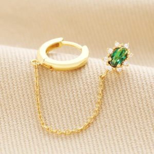 Earrings | Green Crystal Stud Huggie and Chain Earring in Gold – Womens Earrings Earrings