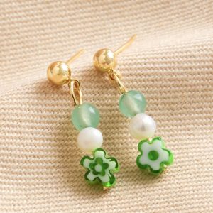 Earrings | Green Millefiori Flower Drop Earrings in Gold – Womens Earrings Earrings