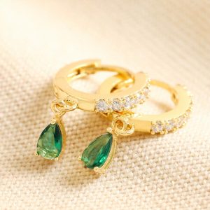 Earrings | Green Teardrop Crystal Huggie Hoop Earrings in Gold – Womens Earrings Earrings