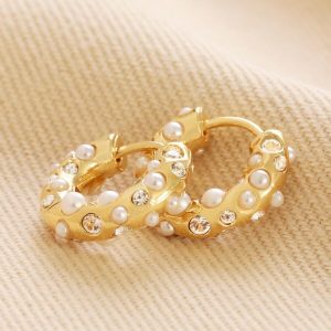 Earrings | Irregular Crystal and Pearl Huggie Hoop Earrings in Gold – Womens Earrings Earrings