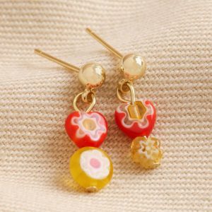 Earrings | Millefiori Heart and Flower Drop Earrings in Gold – Womens Earrings Earrings