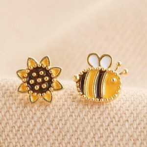 Earrings | Mismatched Enamel Bee and Sunflower Stud Earrings in Gold – Womens Earrings Earrings