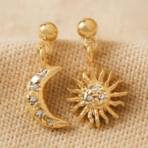 Earrings | Mismatched Moon and Sun Drop Earrings in Gold – Womens Earrings Earrings