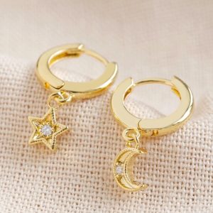 Earrings | Moon and Star Charm Huggie Hoop Earrings – Womens Earrings Earrings