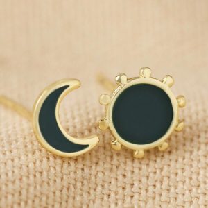 Earrings | Navy Enamel Mismatched Sun and Moon Stud Earrings in Gold – Womens Earrings Earrings