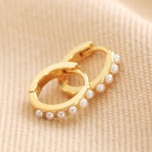 Earrings | Pearl Studded Huggie Hoop Earrings in Gold – Womens Earrings Earrings