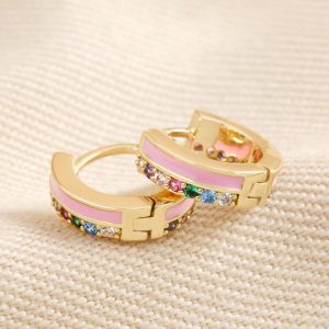 Earrings | Pink Enamel and Crystal Huggie Hoop Earrings in Gold – Womens Earrings Earrings