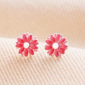 Earrings | Pink Enamel Daisy Stud Earrings in Silver – Womens Earrings Earrings