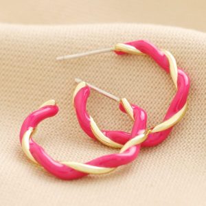 Earrings | Pink Twisted Enamel Hoop Earrings in Gold – Womens Earrings Earrings