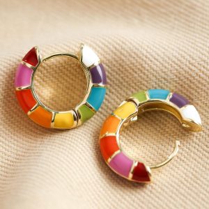 Earrings | Rainbow Geometric Enamel Hoop Earrings in Gold – Womens Earrings Earrings