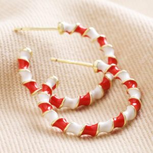 Earrings | Red and White Twisted Enamel Hoops in Gold – Womens Earrings Earrings