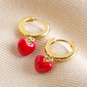 Earrings | Red Enamel Heart Charm Huggie Hoop Earrings – Womens Earrings Earrings