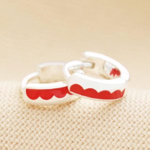 Earrings | Red Enamel Scalloped Huggie Hoop Earrings in Silver – Womens Earrings Earrings