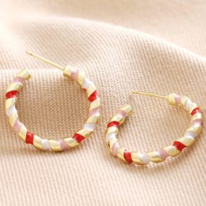 Earrings | Red, White and Pink Twisted Enamel Hoop Earrings in Gold – Womens Earrings Earrings