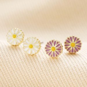 Earrings | Set of Four Enamel Daisy Stud Earrings in Gold – Womens Earrings Earrings