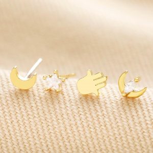 Earrings | Set of Four Hamsa Hand, Moon and Star Stud Earrings in Gold – Womens Earrings Earrings