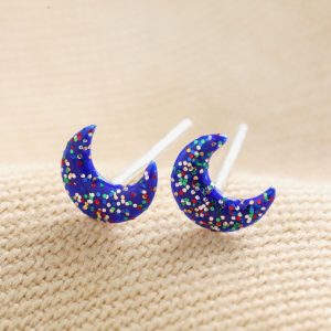 Earrings | Sterling Silver Blue Glitter Moon Stud Earrings – Womens Earrings Earrings