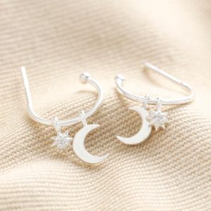 Earrings | Sterling Silver Moon and Star Charm Hoops – Womens Earrings Earrings