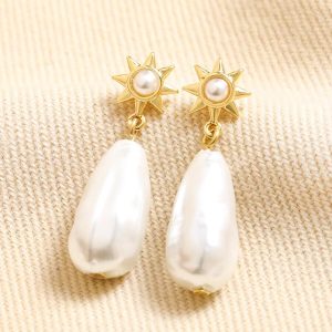 Earrings | Sun and Pearl Drop Earrings in Gold – Womens Earrings Earrings