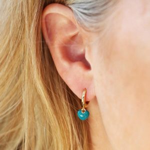 Earrings | Teal Enamel Heart Charm Huggie Hoop Earrings – Womens Earrings Earrings