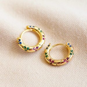 Earrings | Thick Rainbow Crystal Huggie Hoop Earrings in Gold – Womens Earrings Earrings