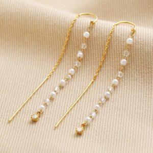 Earrings | Thread Through Crystal and Pearl Chain Earrings in Gold – Womens Earrings Earrings