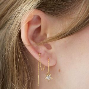 Earrings | Thread Through Moon and Star Chain Earrings in Gold – Womens Earrings Earrings