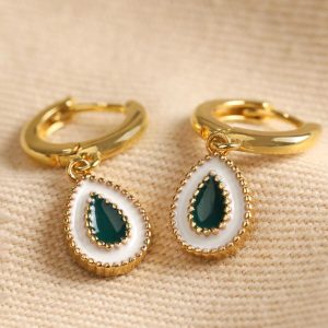 Earrings | White and Green Enamel Teardrop Huggie Hoop Earrings in Gold – Womens Earrings Earrings