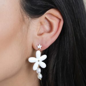 Earrings | White Enamel and Pearl Daisy Drop Earrings in Gold – Womens Earrings Earrings