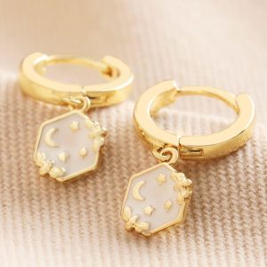 Earrings | White Enamel Celestial Bee Charm Huggie Hoop Earrings in Gold White – Womens Earrings Earrings