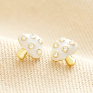 Earrings | White Enamel Mushroom Stud Earrings in Gold – Womens Earrings Earrings