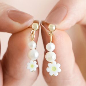 Earrings | White Millefiori Flower Drop Earrings in Gold – Womens Earrings Earrings