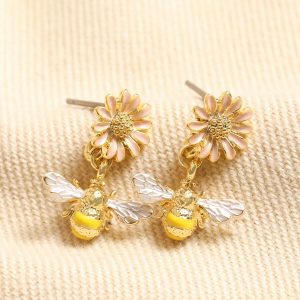 Earrings | Yellow and Pink Enamel Floral Bee Drop Earrings in Gold – Womens Earrings Earrings