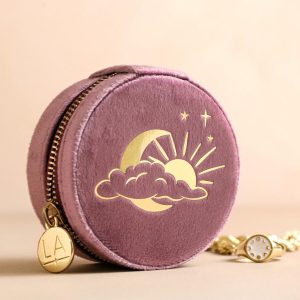 Jewellery Storage | Moon and Sun Mauve Pink Velvet Round Travel Jewellery Case – Womens Jewellery Jewellery Storage