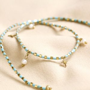 Necklaces | Blue Seed Bead Star and Pearl Charm Necklace in Gold – Womens Jewellery Necklaces