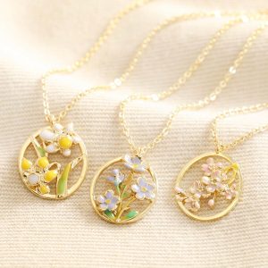 Necklaces | Enamel Birth Flower Outline Pendant Necklace in Gold – Womens Jewellery Necklaces