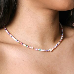 Necklaces | Multicoloured Heishi and Daisy Charm Beaded Necklace in Gold – Womens Jewellery Necklaces