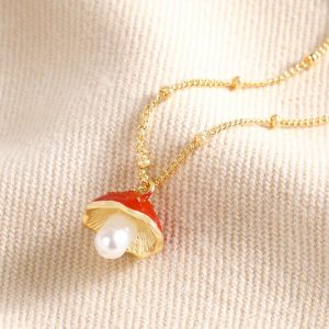 Necklaces | Pearl and Enamel Toadstool Pendant Necklace in Gold – Womens Jewellery Necklaces