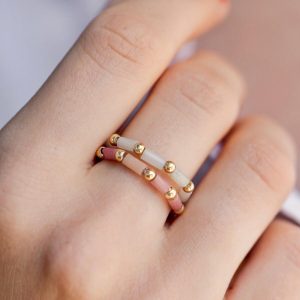 Rings | Set of 2 Semi-Precious Stone Beaded Rings in Green and Pink – Womens Jewellery Rings