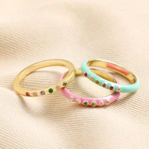 Rings | Set of 3 Enamel and Crystal Stacking Rings in Gold – Womens Jewellery Rings