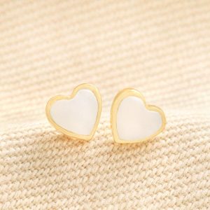 Earrings | Gold Sterling Silver Mother of Pearl Heart Stud Earrings – Womens Earrings Earrings