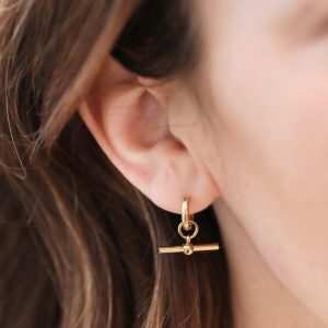 Earrings | Stainless Steel T-Bar Huggie Hoop Earrings in Gold – Womens Earrings Earrings