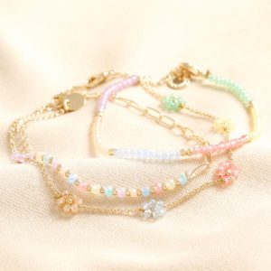 Bracelets | Big Metal London Set of 3 Pastel Beaded Bracelets in Gold – Womens Bracelets Bracelets